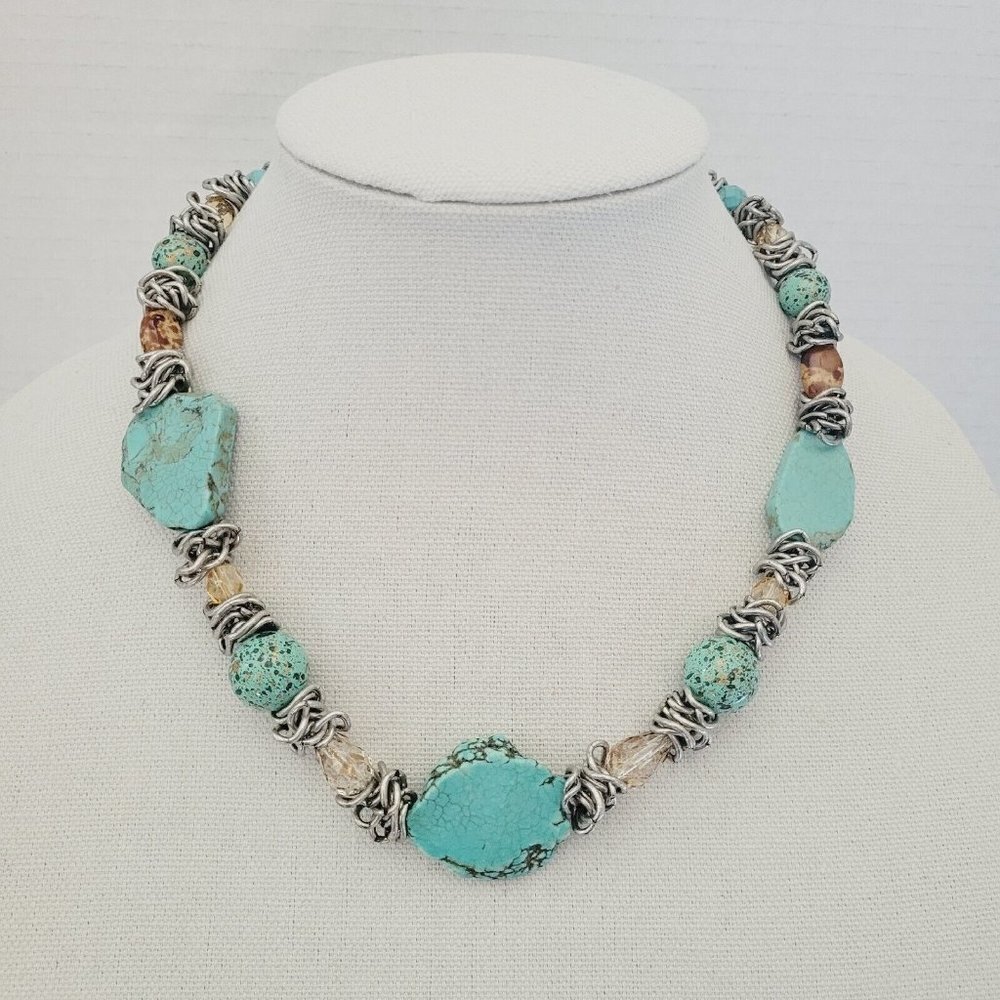 Laura Ashley Necklace Turquoise Stones Beaded Silver Tone Boho  20" w/extension